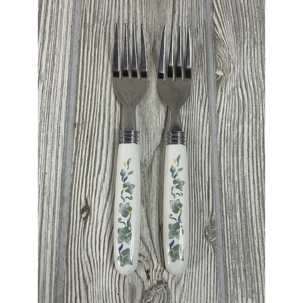 Vintage Ivy Leaf Pattern Stainless Steel Salad Fork Set White Ceramic Handle 2pc